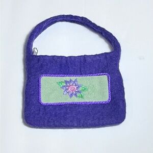 Mini Wool Bag In Purple. Embroidered & Edged Patch  Flower. Must Have Cutie!!
